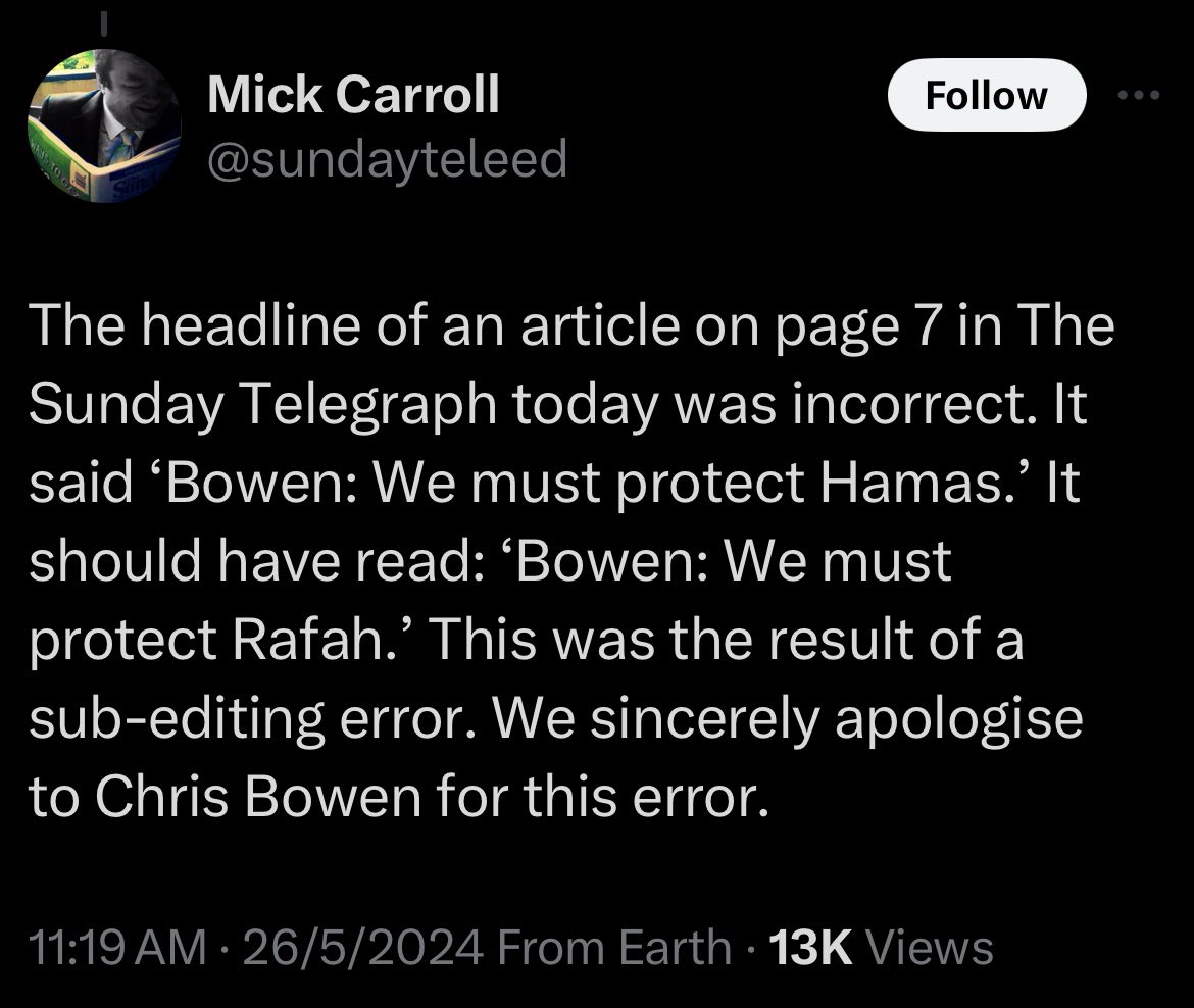 There has been a response to this from Mick Carroll, Editor of The Sunday Telegraph. This deserves and needs a much more substantive response than a tweet reply.