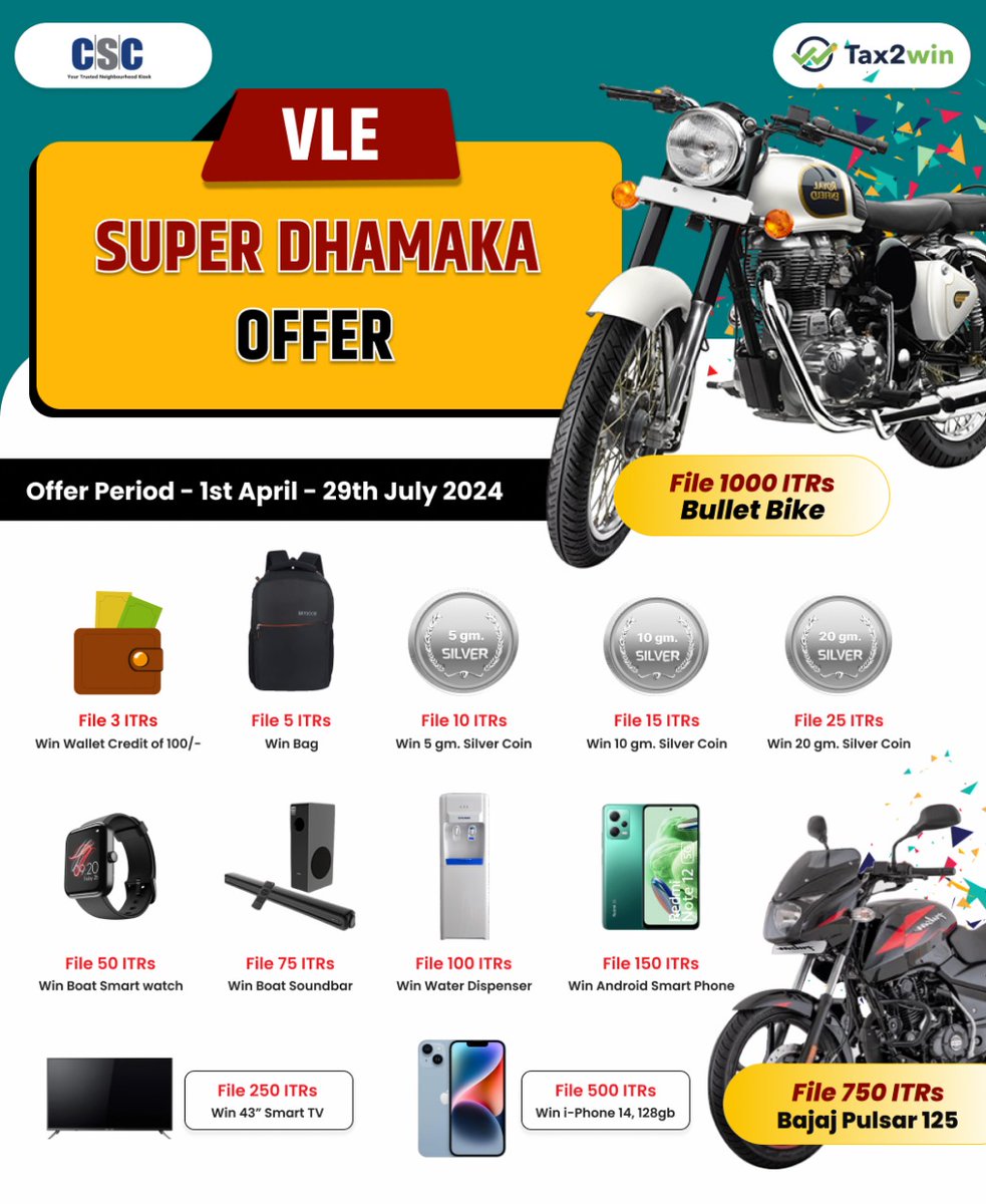CSCegov_'s tweet photo. VLE Super Dhamaka Offer...
File ITR for FY 2023-24 & WIN Exciting Prizes.
Contest Valid till 29th July, 2024...
For any queries, call us at 14599 or write to helpdesk@csc.gov.in
#IncomeTax #FinancialInclusion #ITRFiling #CSC #Tax2Win #DigitalIndia #VLEDhamakaOffer #ITRContest https://t.co/sQadUoYkY7