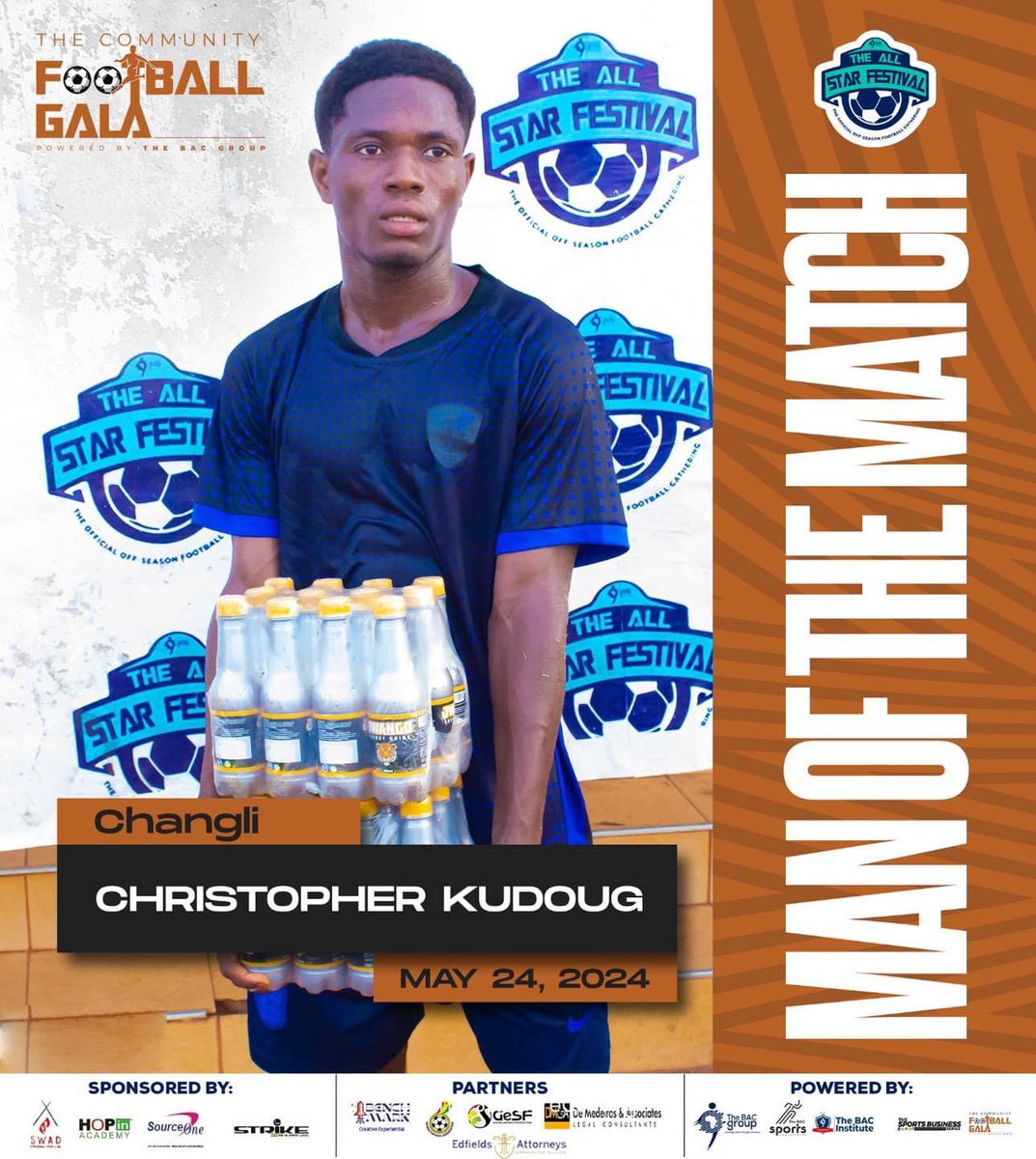 All Star Festival Community Gala 

Christopher won the man of the match in his side Changli 1-0 win over Sabonjida. 

#allstarfestival2024