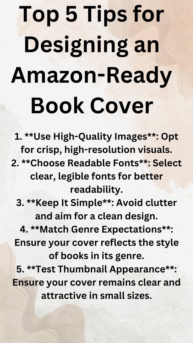 Top 5 Tips for Designing an Amazon-Ready Book Cover#BookMarketing #AuthorTips #buildinpublic #letsconnect #DigitalMarketing #buildinpublic #indiedev #indiehackers #openAI #health #dietplan #diettips hashtag#Daliymeal #dieting #dietfood #AI #DataAnalysis #Amazon #KDP #Newauthers