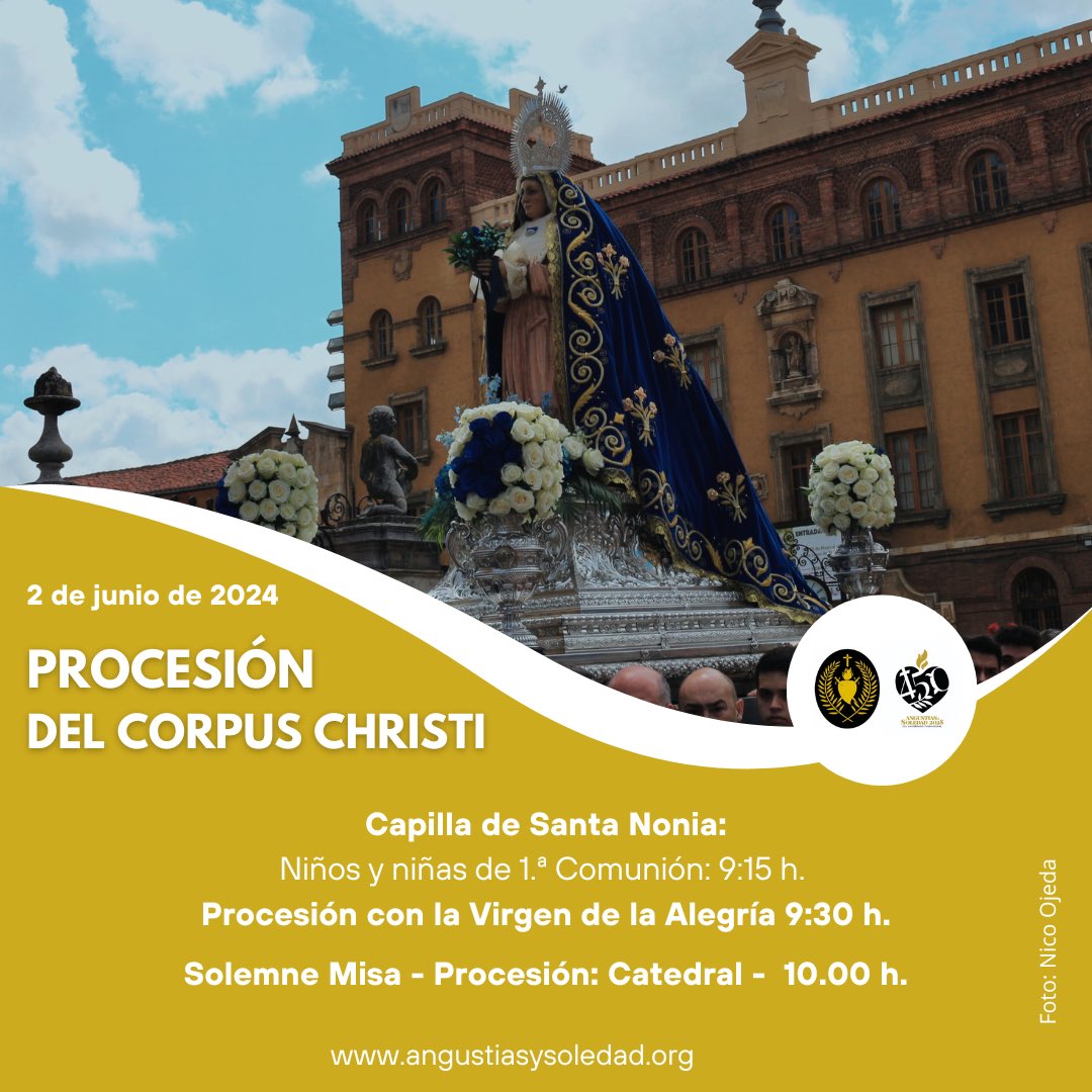 Procesión del Corpus Christi.
Día 2 de junio.
Capilla de Santa Nonia - 9:30 h., con la Virgen de la Alegría. (Niños y niñas de 1.ª Comunión - 9:15 h.). 

Catedral: Solemne Eucaristía: 10:00 h., 
Solemne Procesión con el Santísimo por las calles de León.

Foto: Nico Ojeda.