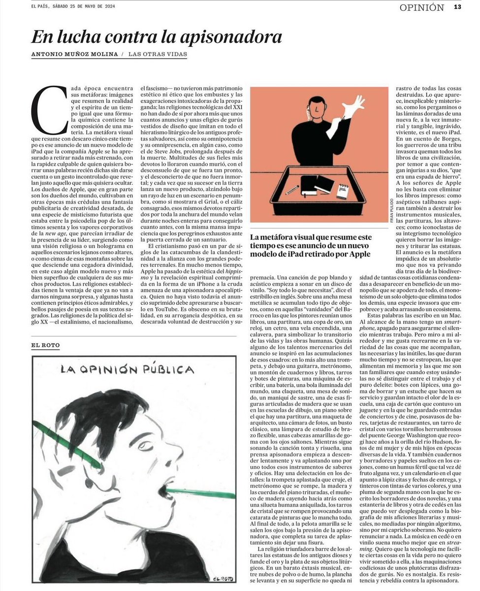 Este artículo de Antonio Muñoz Molina en @el_pais es oro puro. Esa necesidad enfermiza de destruir, de borrar todo aquello que nos ha construido como civilización, que nos ha traído hasta aquí. Yo también resisto. También me rebelo contra la apisonadora.