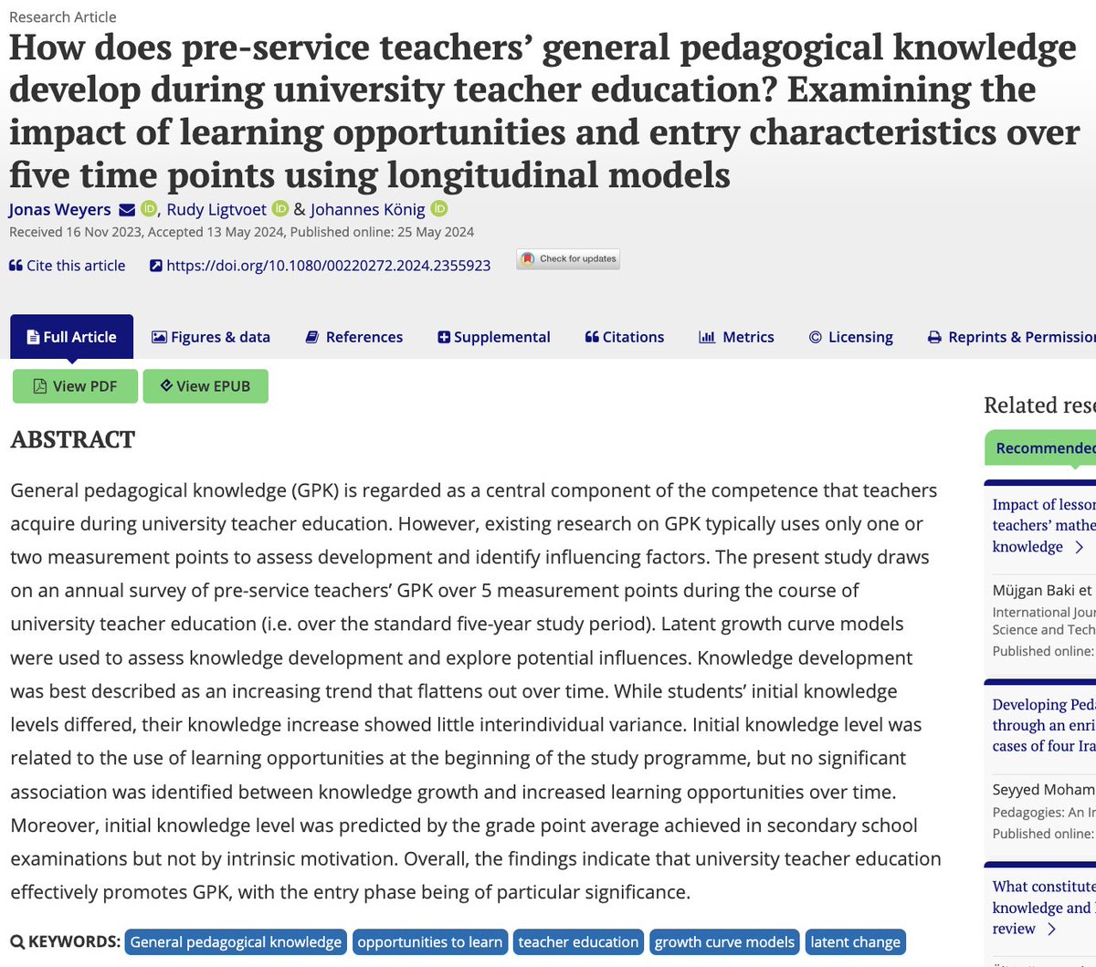Read all new &amp; open access: "How does pre-service teachers’ general pedagogical knowledge develop during university teacher education? (...) Learning opportunities and entry characteristics (...) using longitudinal models" by Weyers, Ligtvoet &amp; König 
tandfonline.com/doi/full/10.10…