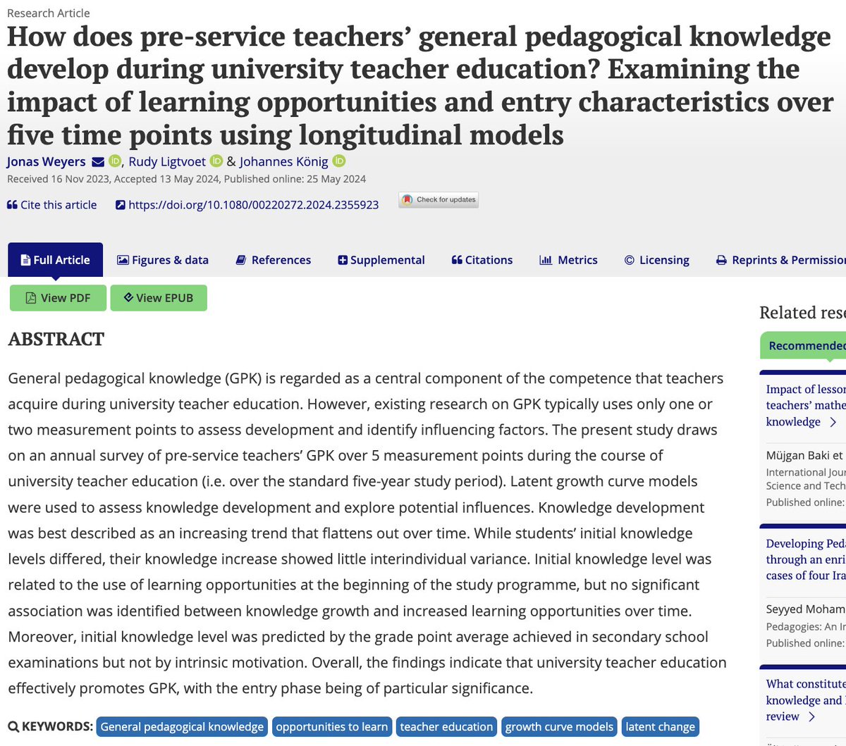 Read all new & open access: 'How does pre-service teachers’ general pedagogical knowledge develop during university teacher education? (...) Learning opportunities and entry characteristics (...) using longitudinal models' by Weyers, Ligtvoet & König tandfonline.com/doi/full/10.10…