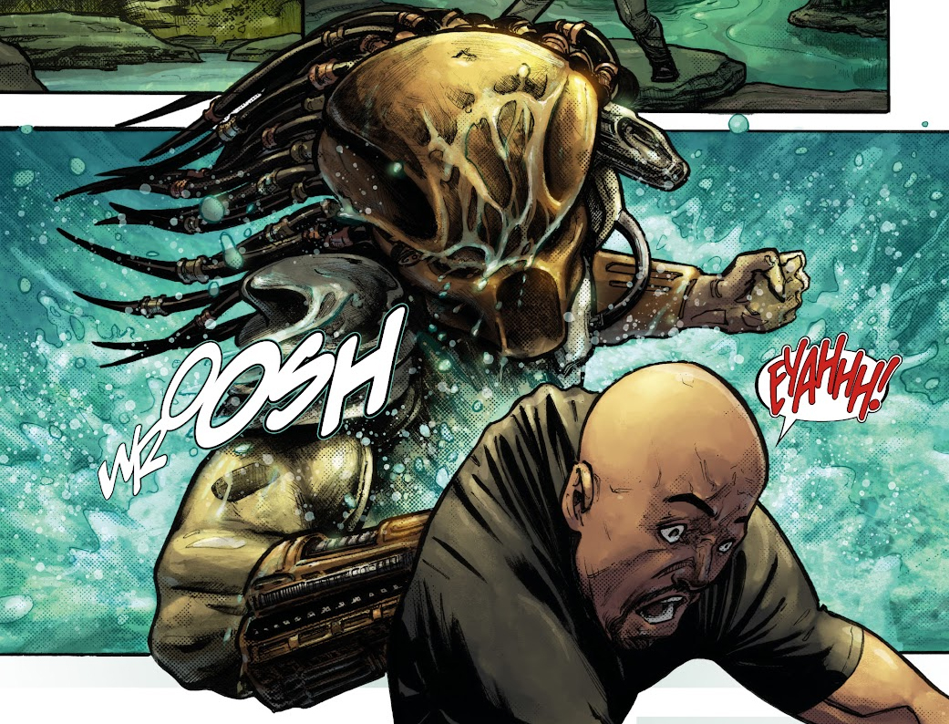 A Predator surprises its prey from underwater in this panel from Dark Horse Comics Predator: Hunters 3. The fantastic artwork by Brian Thies & Wes Dzioba. #Predator #Yautja #PredatorBadlands #PredatorHunters #AlienvsPredator #AliensvsPredator #ChrisWarner #WesDzioba #BrianThies