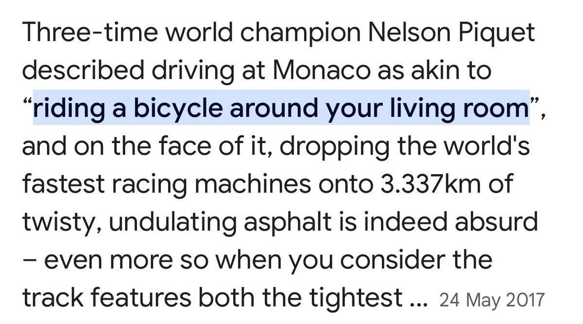 RunLondon's tweet image. It’s Monaco Grand Prix day. There’s a well used quote from Nelson Piquet who said, driving a Formula 1 car is like riding a bicycle around your . . . ? Well, reading Damon Hill’s book ‘Watching The Wheels’ this morning and he’s got a new part of the house. #F1 #monacogp