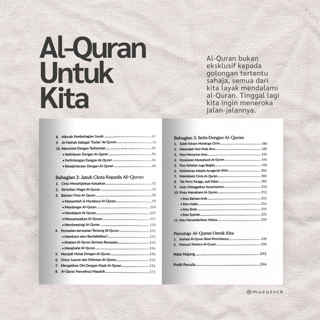 Buku kedua saya adalah Al-Quran Untuk Kita. Buku ini adalah tentang jalan-jalan untuk kita mendekati al-Quran, walaupun kita bukan pelajar agama, bukan pelajar bidang al-Quran. Semua dari kita layak mendekati al-Quran, cuma mungkin jalannya belum kita temui. Jemput dapatkan.