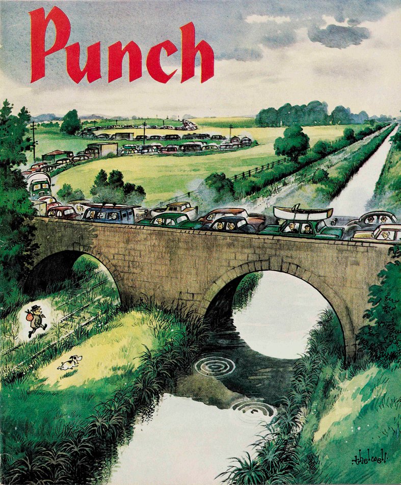 Today's PUNCH colour cover. The way of the wise this Bank Holiday Sunday. Norman Thelwell 1967 #traffic #motoring #motorists #trafficjams #driving #drivers #cars #walking #walkers #rambling #ramblers #footpaths #railways #canals #Beeching