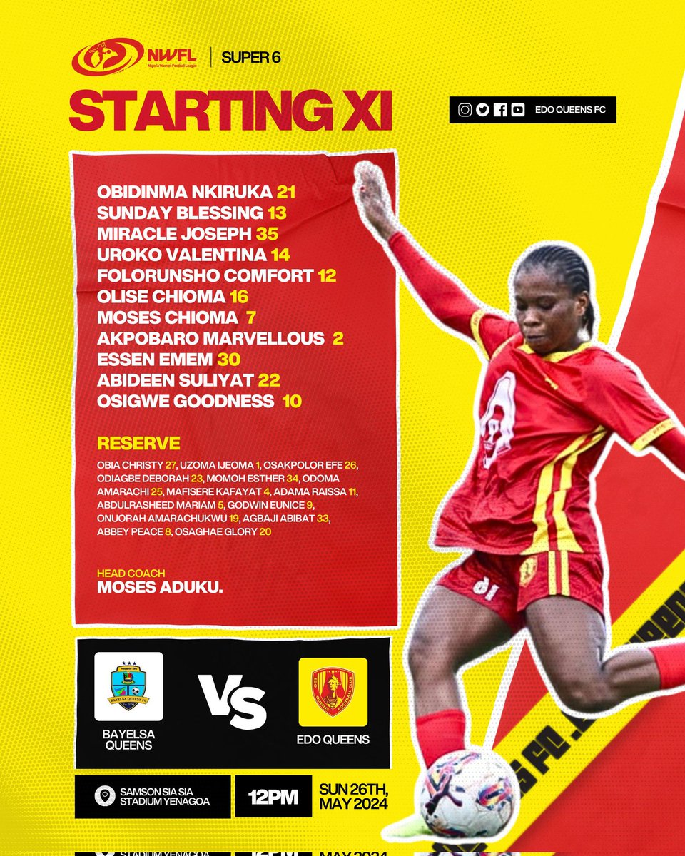 TEAM LIST!!!

Coach Moses Aduko, make just one change from the that started against <a href="/NasarawaFc/">Nasarawa Amazons Fc</a> 

Yonge star, Marvelous Akpobaro start in place of Kafaya Mafisere As we take on <a href="/bayelsaqueens/">bayelsaqueens</a>

#ALLORNOTHING 💪 
#BAYEDO
#NWFLpremiershipsuper6
#NWFL24