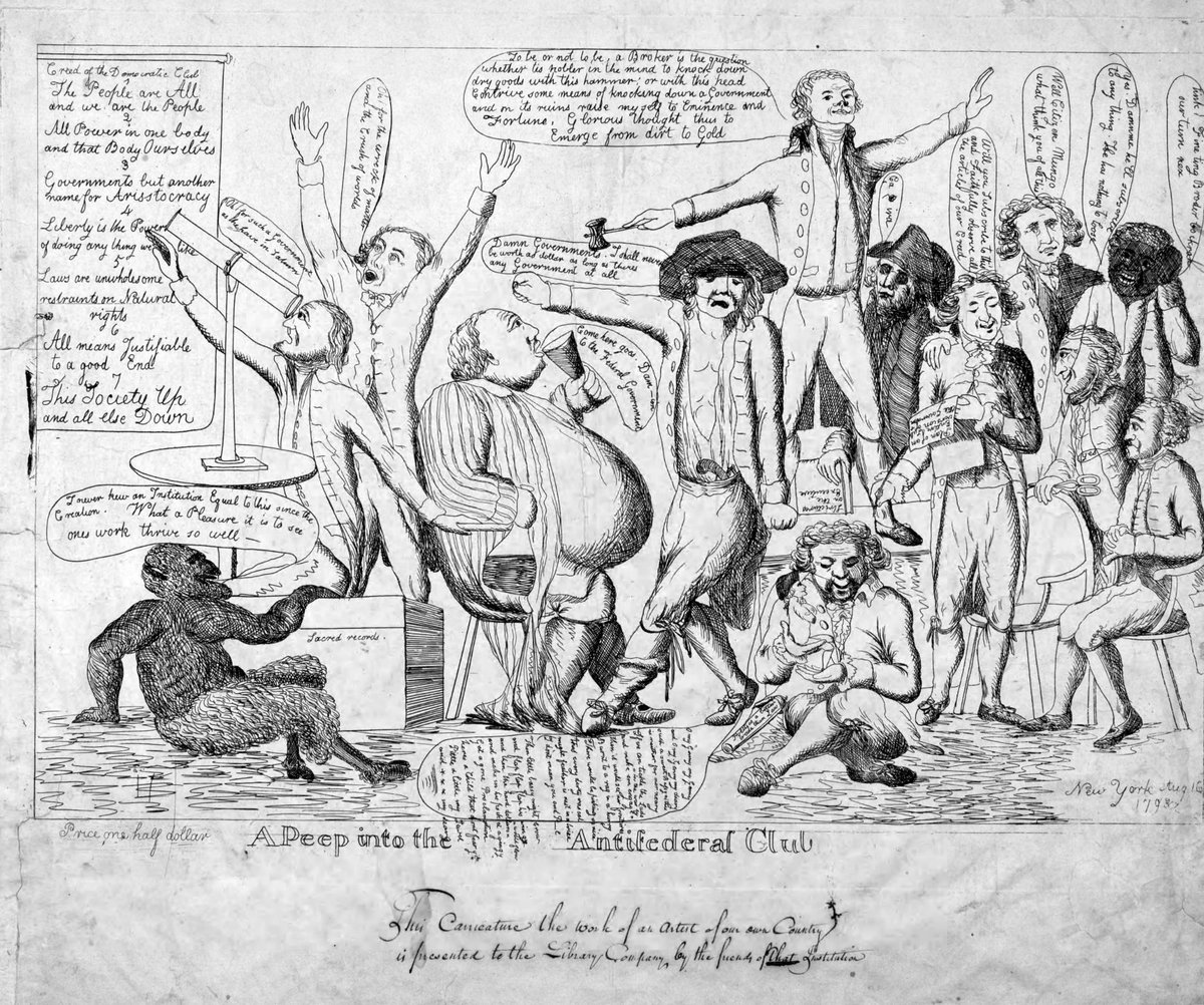 Circa 1792...This cartoon is very hard to read, but the Federalists were forever going on about how Jefferson was going to bring the French Revolution to America. This was during the height of the terror in France. #americanhistory