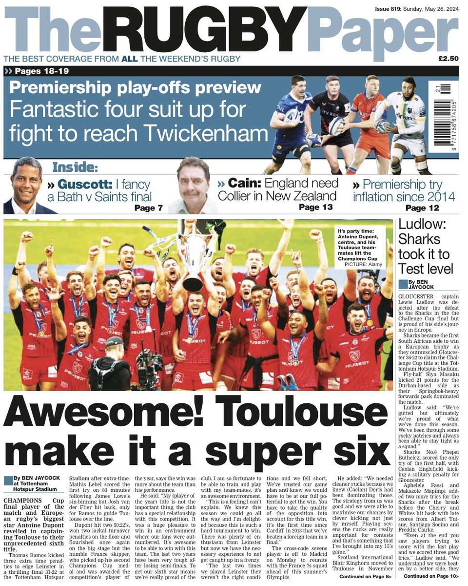 Full front page of @TheRugbyPaper after a busy but amazing weekend in Tottenham. Yesterday’s match has to be the best European final there’s been, an honour to witness @Dupont9A in the flesh, his thoughts ⬇️ therugbypaper.co.uk/latest-news/42…