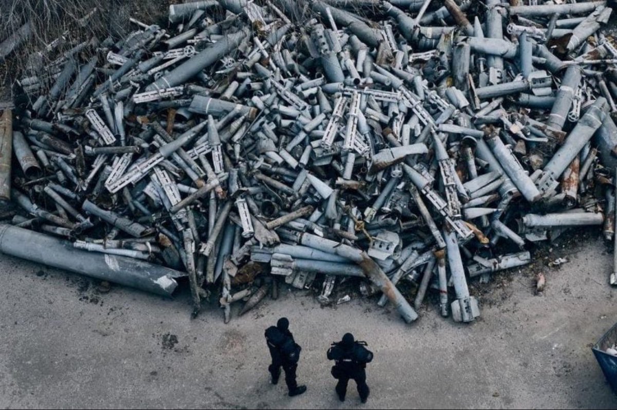 This is a 'cemetery' of Russian ammunition that Russia hit Kharkiv with. This photo is from 2022. Can you imagine how much this heap has grown since then? Each shell is someone's ruined life, home, hope. 📷: libkos/Instagram