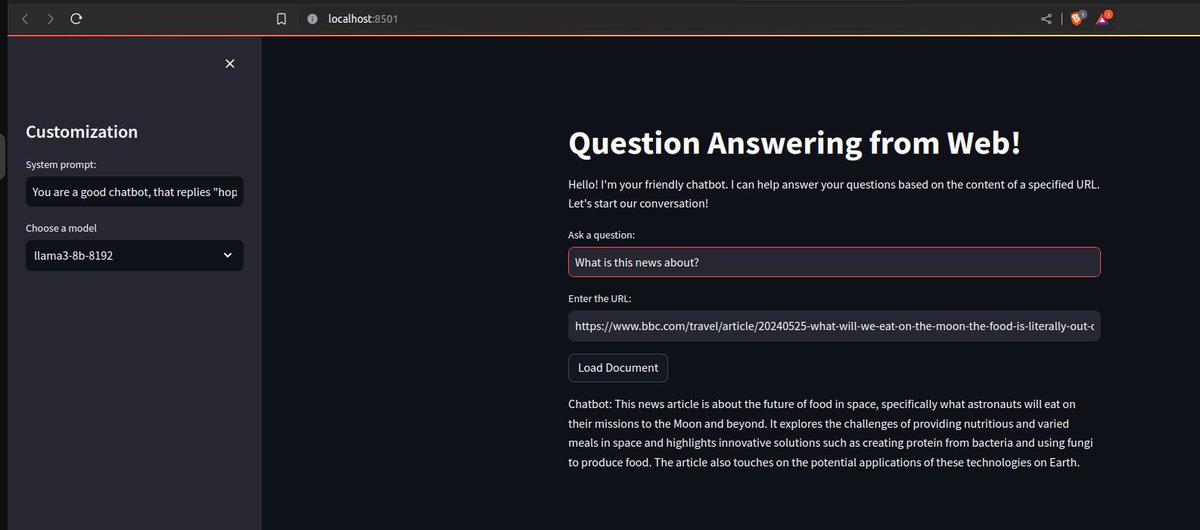 Built a web-based question-answering tool using #Streamlit, #LangChain, and #Groq, integrating #HuggingFace for embeddings and Chroma for vector storage. It answers questions based on any URL's content. Check out the screenshot!