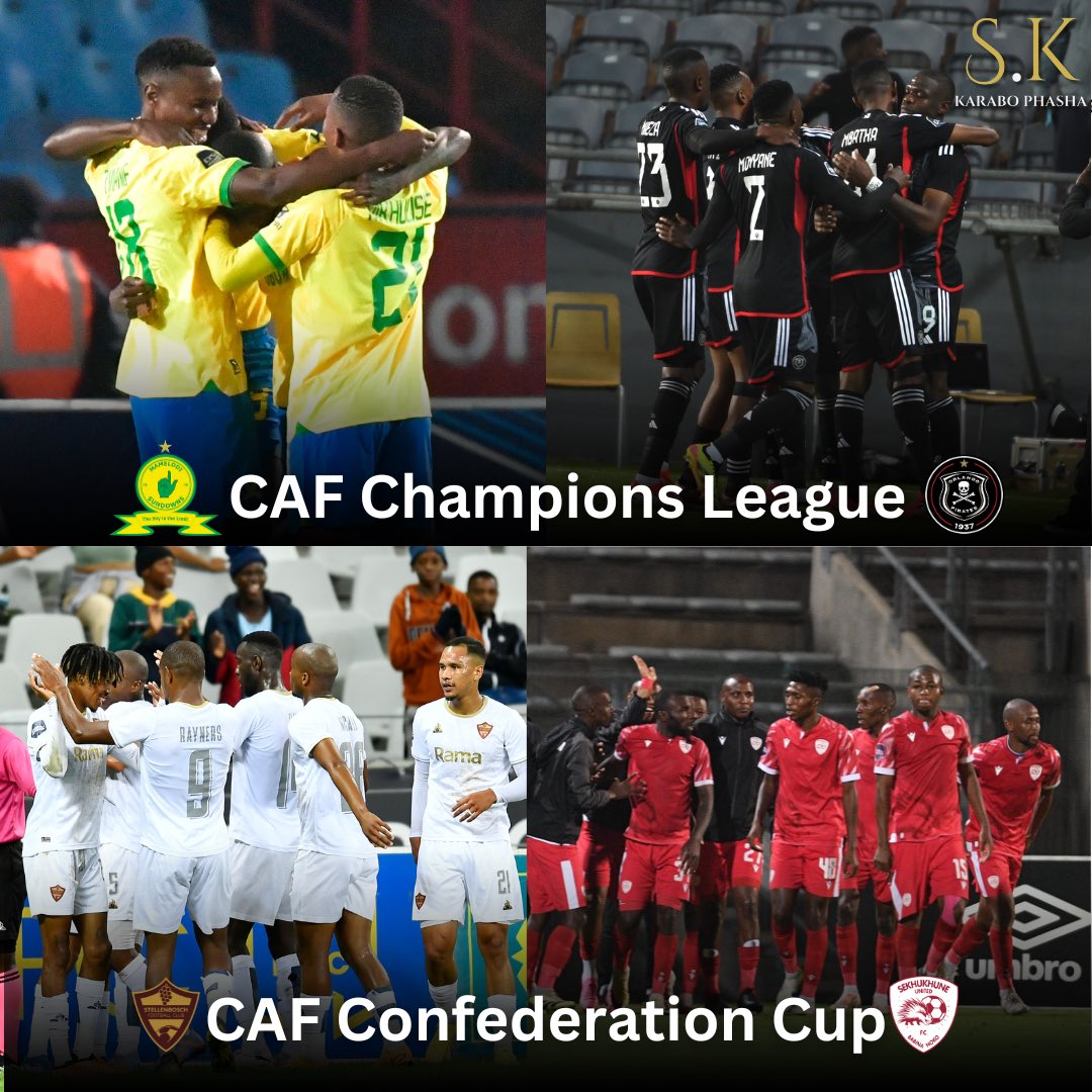 𝐃𝐮𝐦𝐞𝐥𝐚𝐧𝐠 👋 @CAF_Online 😉 Congratulations to these 4 clubs who will represent South Africa 🇿🇦 in CAF Competitions next season 🤝 #Sundowns #OrlandoPirates #Stellies #Sekhukhune #CAFCL #DstvPrem