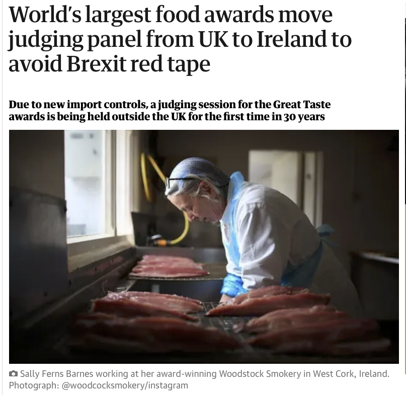 AlexTaylorNews's tweet photo. Brexit has forced The Great Taste Awards, the world’s largest awards celebrating the planet's best food since 30 yrs, to send its judges to Tipperary, Ireland, because "smaller food and drink producers can’t now cope with the paperwork and the cost of bringing food into the UK"👇 https://t.co/wntrrDdlyK