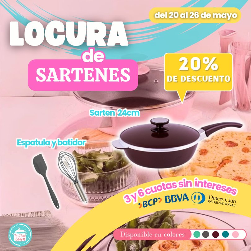 carlacisneros's tweet photo. ESSEN, 20% DSCTO en la sarten de 24cm (5 colores a elegir, incluye la rosada)
Solo hasta hoy domingo 26 de mayo
Y con la sarten express, tabla de picar de regalo 🎁.
Pide la tuya YA‼️
3 y 6 cuotas Sin InTeReSeS‼️
#ESSEN #ofertasessen #promocionesessen #peru https://t.co/EOZ24zWrHb