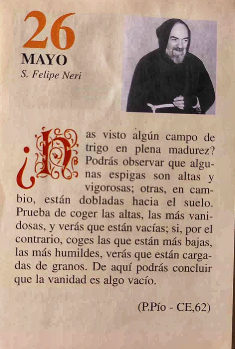 ¡Feliz Domingo 26 de Mayo! “¿Has visto algún campo de trigo en plena madurez? Podrás observar que algunas espigas son altas y vigorosas; otras, en cambio, están dobladas hacia el suelo. Prueba de coger las altas, las más vanidosas, y verás que están vacías; si…”