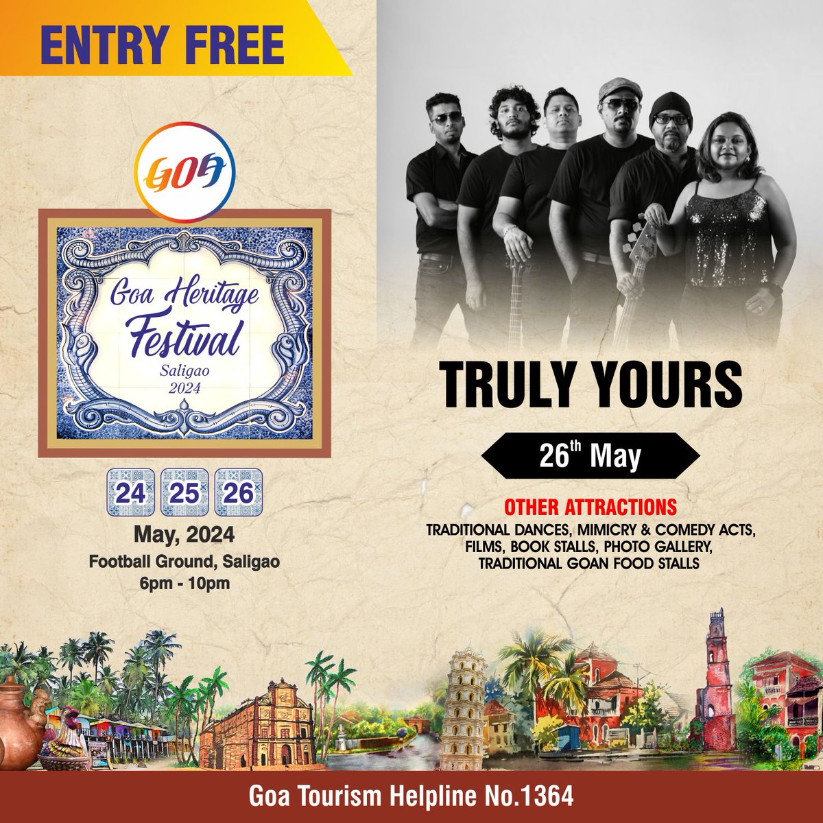Prepare to move and groove with Truly Yours Goa at the #GoaHeritageFestival! Their lively tunes will keep you dancing all night long. Don't miss out on the excitement! #GoaTourism #RegenerativeTourismGoa @SuneelAnchipaka @sanjeevahuja007 @RohanKhaunte
