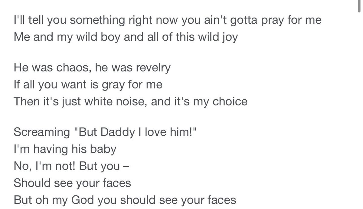 Swift got criticism for her choice of partner, considering what she claims to stand for, and her response to all this can be heard in the song “But Daddy I Love Him” A racist fetishist is just a “wild boy” I guess.
