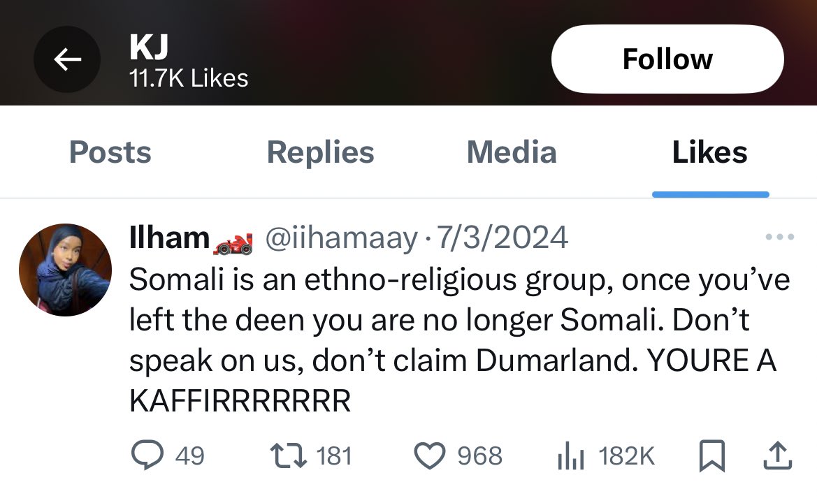 I am now absolutely convinced this is a fake. I went through her Twitter like history. She’s liked Tweets claiming Jews are natural child killers; tweets by neo-Nazis defending Hitler; denying the October 7 massacre; denouncing non-Muslim Somali’s as “Kafir”.