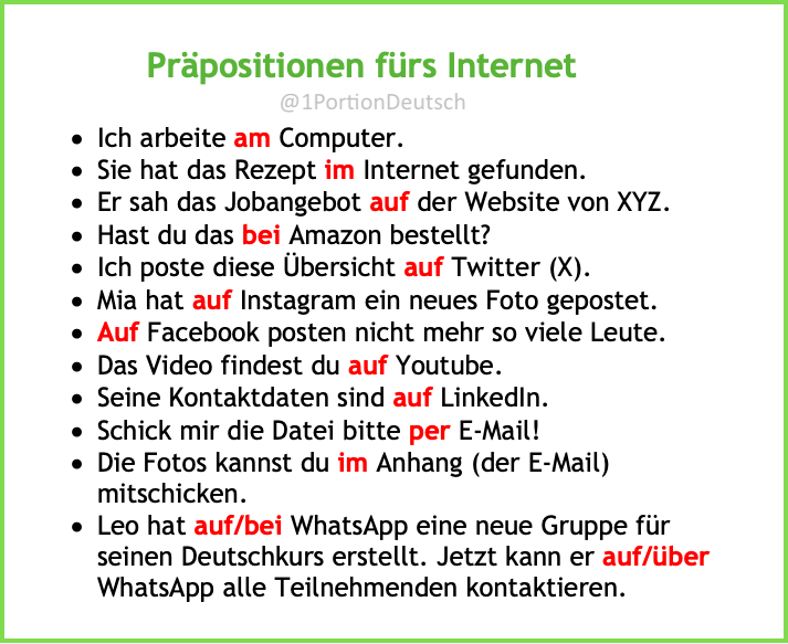 #Deutschlernen #Deutsch #Grammatik #LearnGerman #German

Heute gibt es ein paar nützliche Präpositionen, die man im Zusammenhang mit dem Internet verwenden kann: