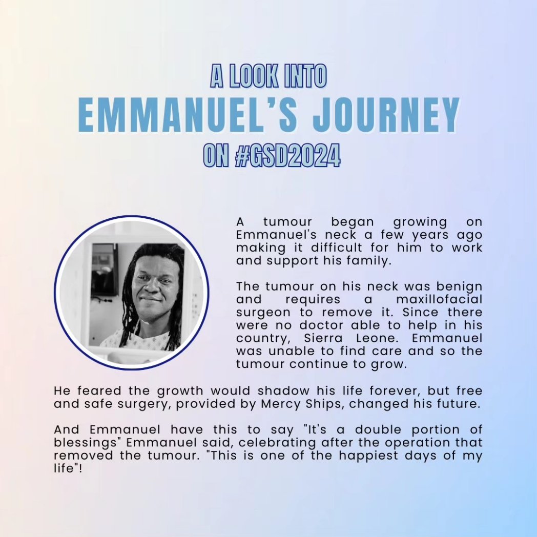 Meet Emmanuel from Sierra Leone on #GSD2024. A benign neck tumor hindered his life until a free, safe surgery from @MercyShips transformed his future. 'It's a double portion of blessings,' he said. 

#InciSioN4GlobalSurgery #TheFutureOfTheOR #GlobalSurgery #PandemicAccord