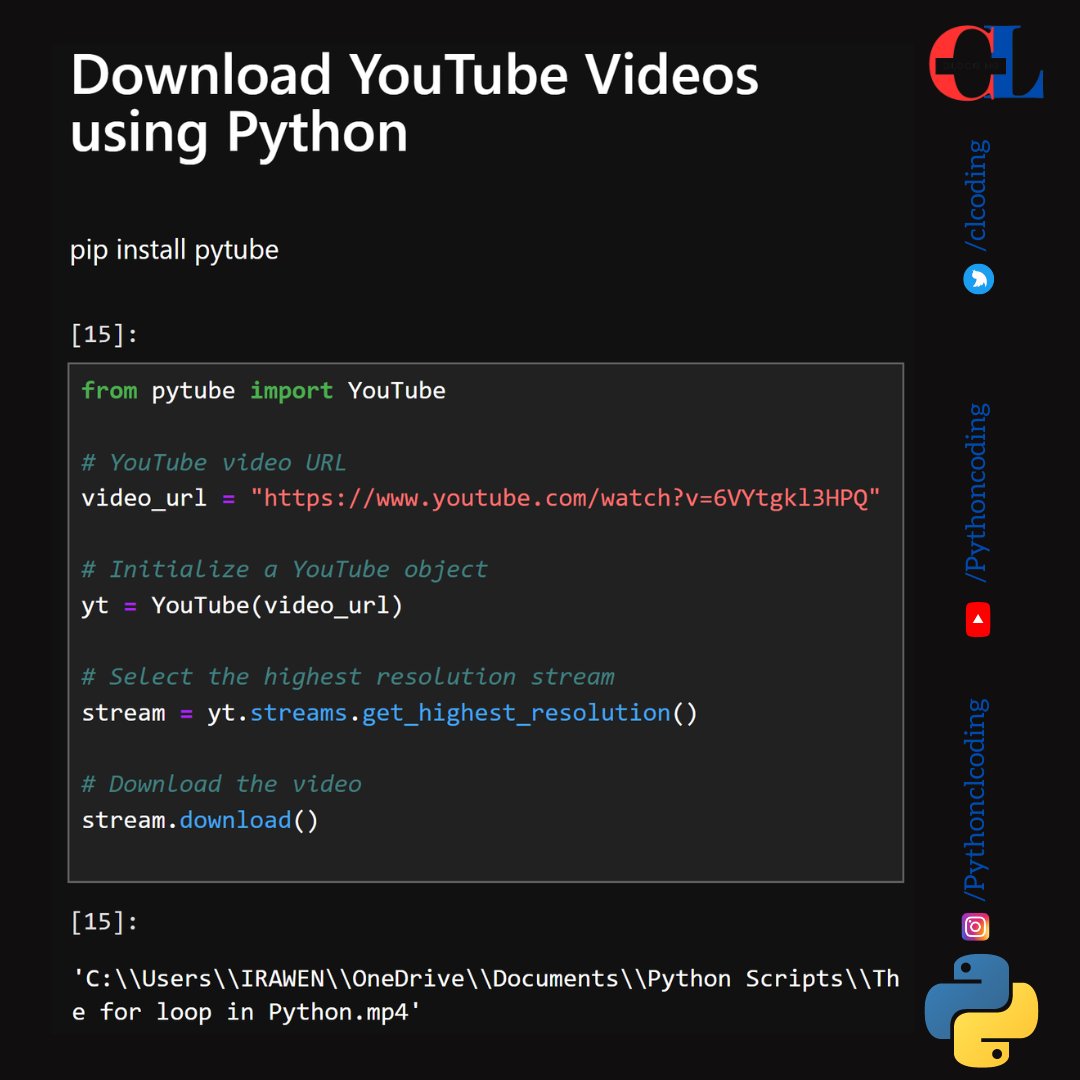 Download YouTube Videos using Python - pytube

Free code with explanation: clcoding.com/2024/05/downlo…