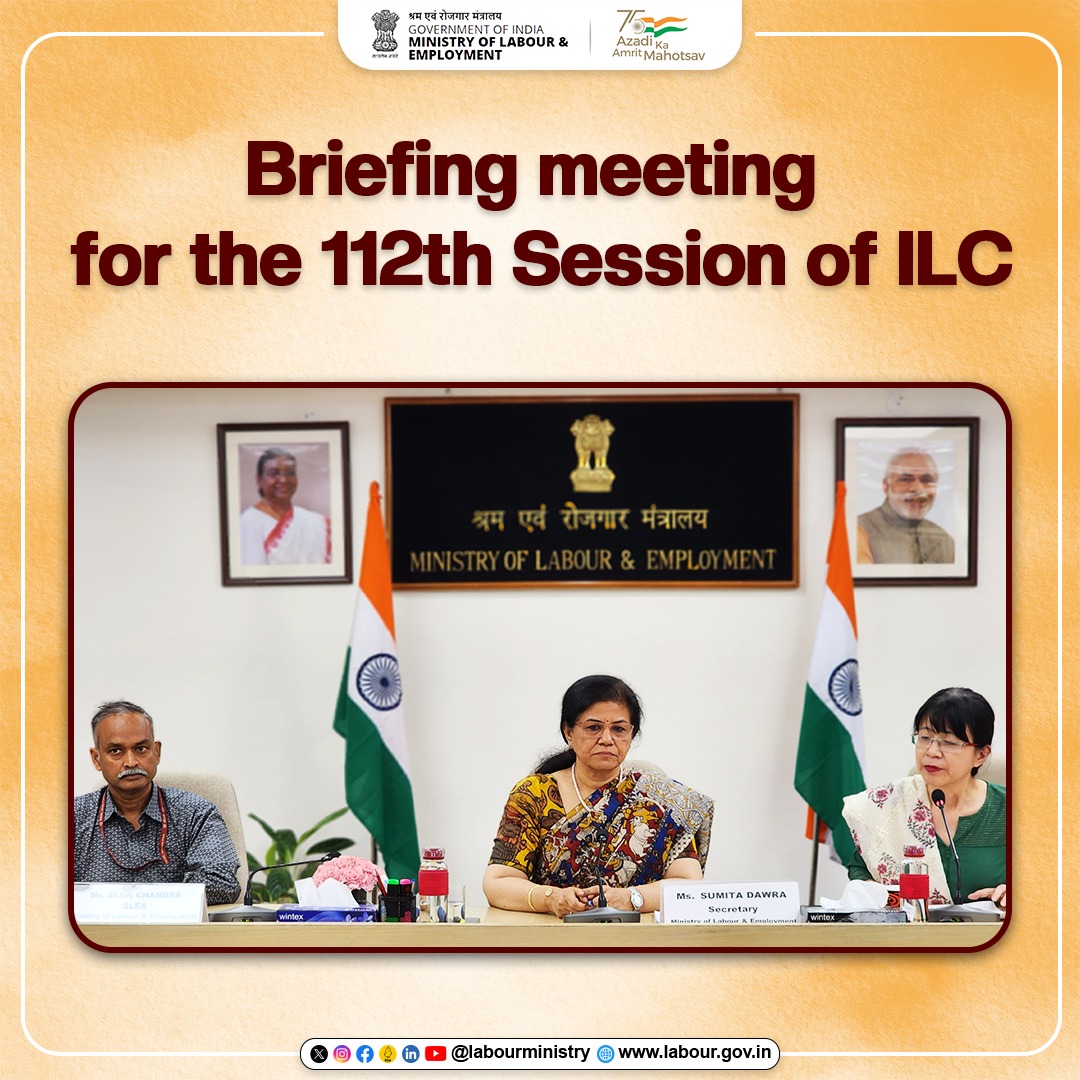 LabourMinistry's tweet image. Briefing meeting for the 112th Session of #ILC held at Shram Shakti Bhavan organized by Ministry of Labour and Employment in hybrid mode under the Chairpersonship of Secretary, Ministry of Labour and Employment, GoI, @SumitaDawra on 24th May 2024. 
#LabourMinistryIndia #ILO
(1/2)