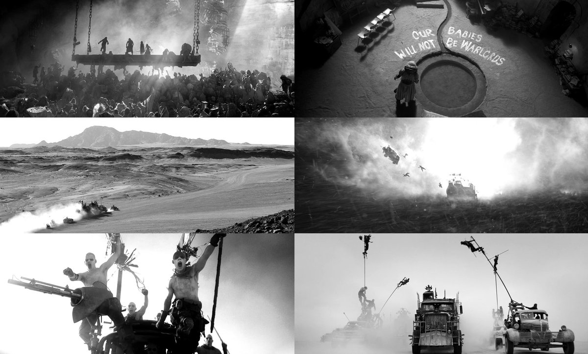 First time watching the ‘Black And Chrome’ cut, and while Fury Road’s vibrancy is missed, the aesthetic can be very striking in certain scenes & moments. Particularly vehicles and their riders silhouetted against the stark white of tire dustclouds and the wasteland itself