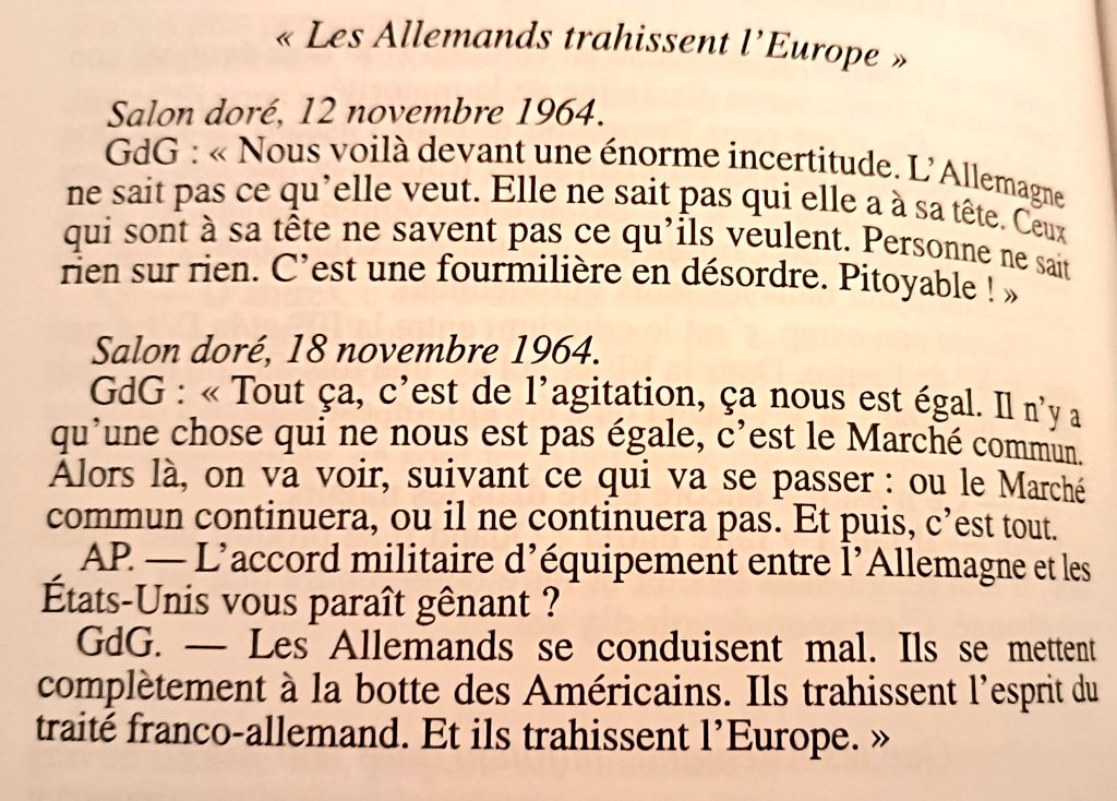 De Gaulle dans le texte. Ses propos résonnent à nos oreilles. C'est une constante dans l'Histoire. Les Allemands trahissent toujours la France. Aujourd'hui, ils ne se cachent même plus car ils savent que #Macron est prêt à signer n'importe quoi pour obtenir une belle photo...