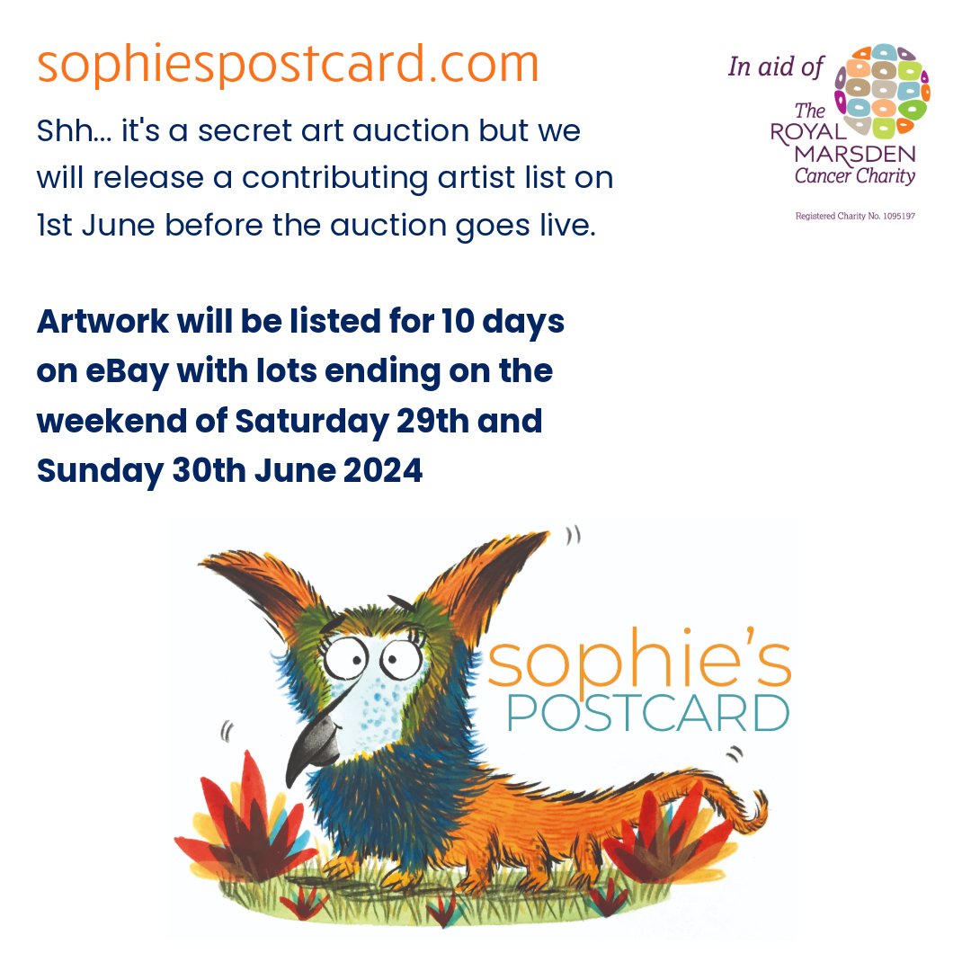 #SecretArtist MEDIA IMAGES
Please use these images and promote your amazing support of #sophiespostcard and the incredible @royalmarsden Please follow and share our posts in the run up to the auction!

#artforacause #makeadifference #royalmarsden