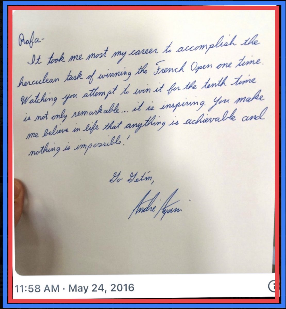 Andre Agassi’s profound handwritten letter to Rafa not only shows his enormous admiration for Rafa, but also his tremendous respect for Rafa as a person & as the greatest player. 🐐

Let’s get real, how many legends like Andre does that to another legend? 

@RafaelNadal 🐐👑🥇