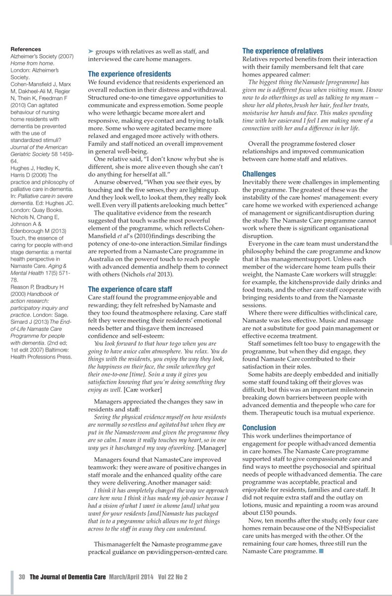 <a href="/CoxonGeorge/">George Coxon💚</a> <a href="/ZoeHarris_MCM/">Zoe Harris</a> <a href="/HomesQi/">CareHomesQI 💚 💙</a> <a href="/NicolajKendall/">Nicola Kendall</a> <a href="/geoffreydcox/">Geoffrey Cox</a> <a href="/myfuturecare/">Future Care </a> I’ve been using the principles of the #Namaste #care approach for later stage #dementia for many years. For anyone not familiar w the term this JDC article abt its initial use at St Christopher’s hospice will hopefully enlighten. It centres on ‘Honouring the spirit within’ 🙏🦋