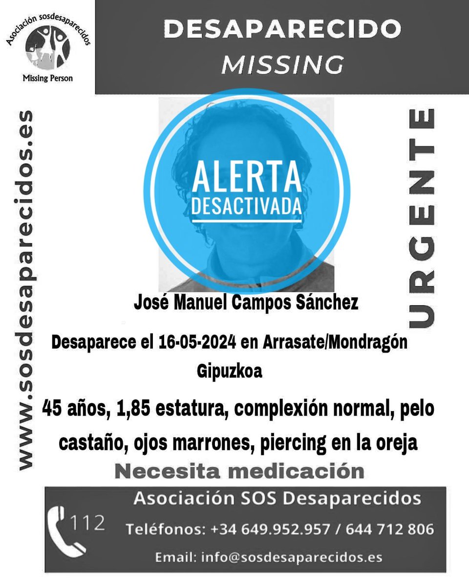 🔕 DESACTIVADA 🟠 Persona Vulnerable #sosdesaparecidos #Desaparecido #Missing #Arrasate #Mondragón #Gipuzkoa Fuente: sosdesaparecidos Síguenos @sosdesaparecido