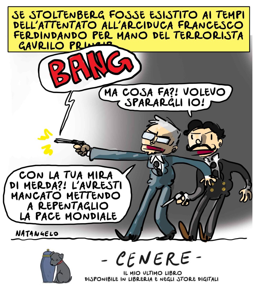 'Se potessi tornare indietro nel tempo fermerei le guerre' - la mia vignetta per Il Fatto Quotidiano oggi in edicola!  #ucraina #russia #nato #stoltenberg #vignetta #fumetto #memeitaliani #umorismo #satira #humor #natangelo