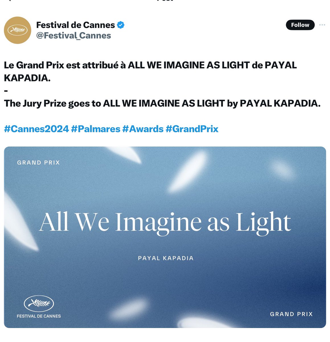 India in the limelight at #cannes2024 Intense Filmmakers . Intense actors. May their tribe flourish… 👏🏽 👏🏽👏🏽