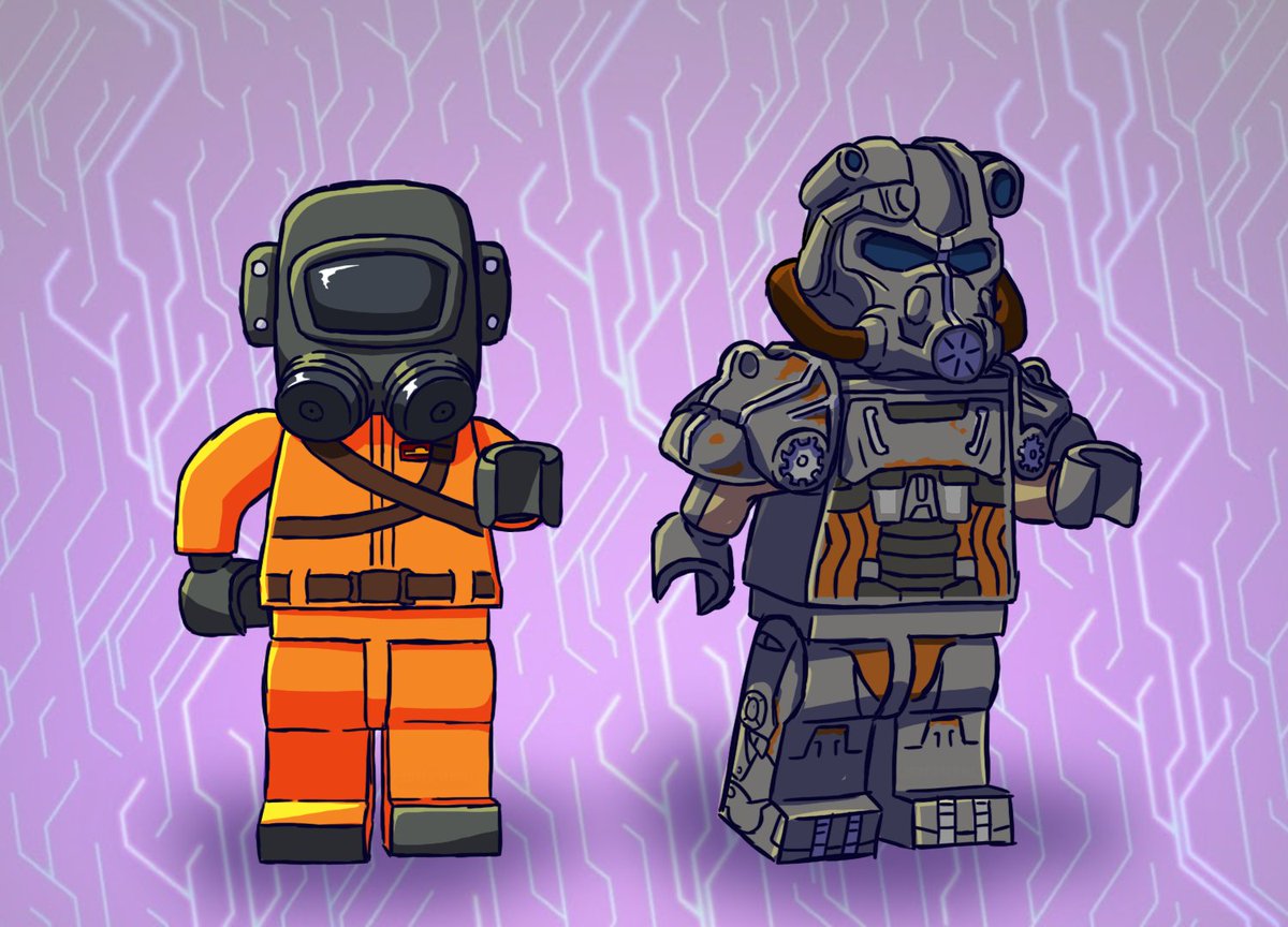 'THE EMPLOYEE' and 'T-60 POWER ARMOR' drawn in the style of a LEGO Minifigure.