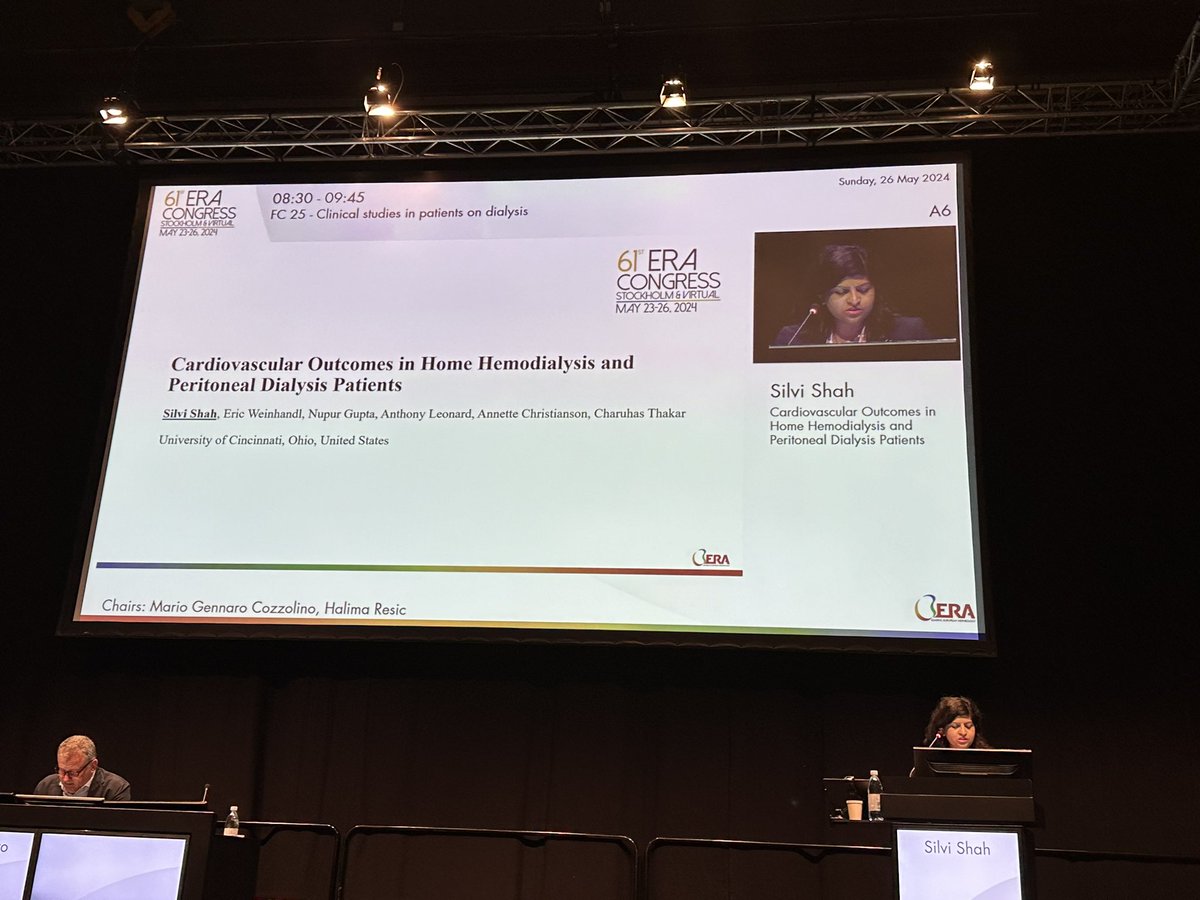 ⏭️in clinical studies in patients #ERa24 @silvishah on behalf of her team presenting ✍️Cardiovascular Outcomes in Home Hemodialysis and Peritoneal Dialysis Patients 📍 Cardiovascular disease is the leading cause of morbidity and mortality in patients with end-stage kidney