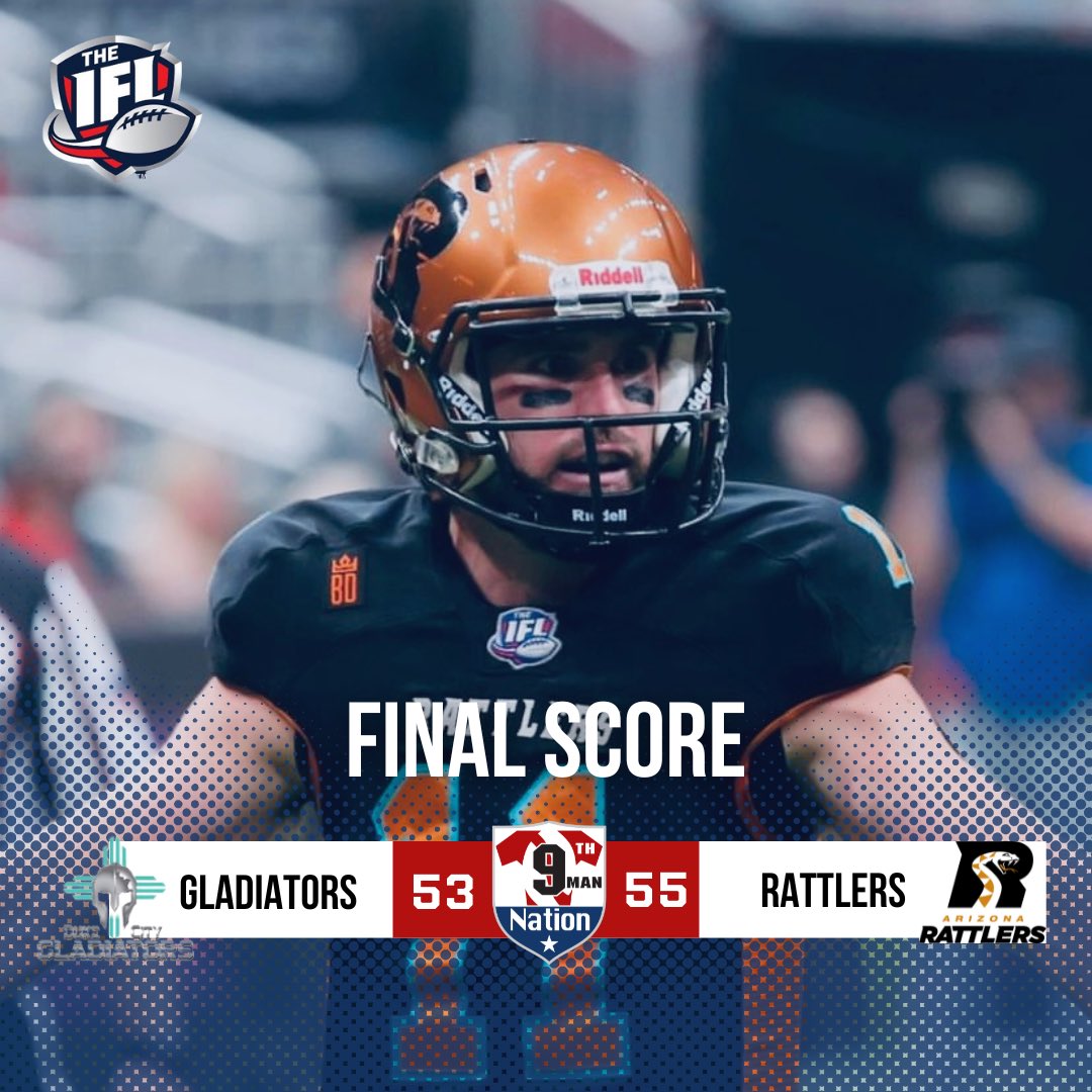 9thManNation's tweet photo. Saturday, May 25, 2024

@IndoorFL - The @DCGladiators flew wrst to battle the @ArizonaRattlers 4 a wk 11 match.

Box Score:
Team           1     2    3    4      F
Gladiators   9   10   12  22   53
Rattlers       3   23    7   22   55
Arena: Desert Diamond Arena
Attendance: 9,562 https://t.co/gGdVdGKUy4