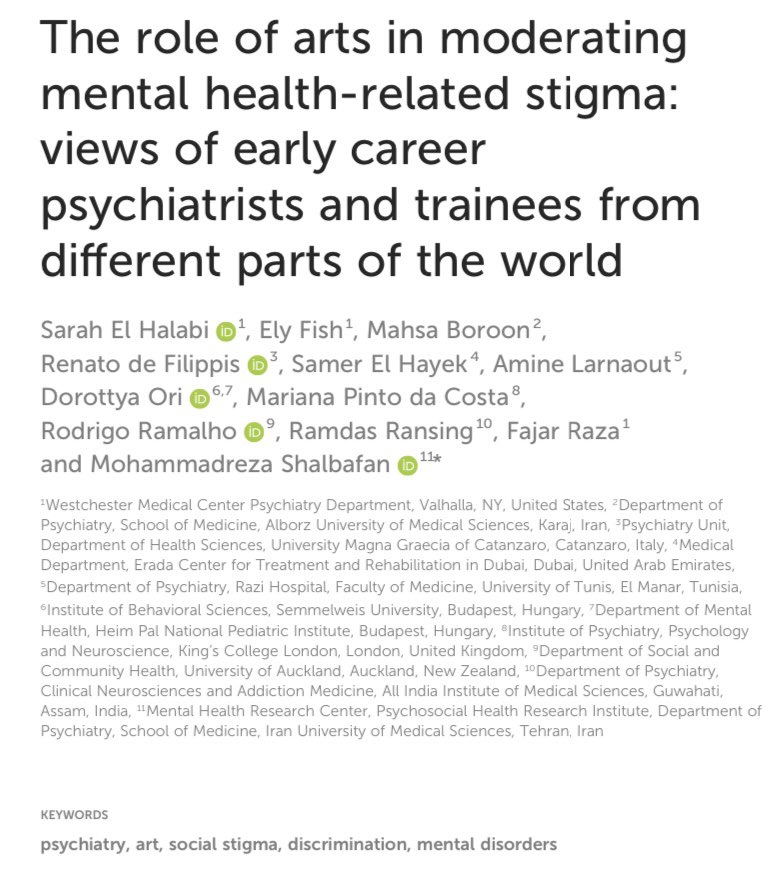 📣NEW PAPER📣 What is the role of #arts 🎨🎶💃 in moderating #mentalhealth related #stigma? Read the views of early career #psychiatrists from different parts of the world 🌍 now published in @FrontPsychiatry doi.org/10.3389/fpsyt.…