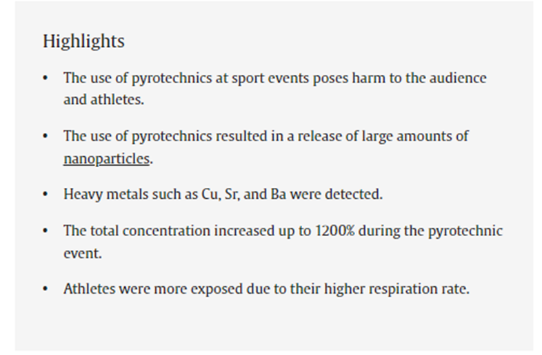 26/5/24. Gradiše K et al. Nanoparticle exposure due to pyrotechnics during a football match. Atmospheric Environment. Vol 233, 15 July 2020, 117567 doi.org/10.1016/j.atmo…