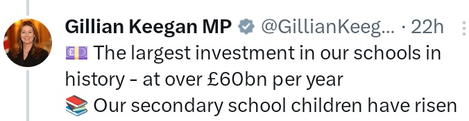 Right on cue, here is Gillian Keegan yesterday making the untrue claim of record funding for schools. For the truth on this, click the link...
johncosgrove55.wordpress.com/2024/05/19/the…