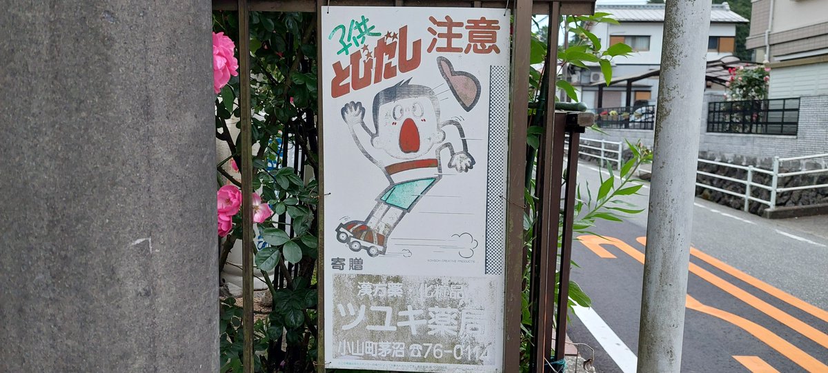ローラーブレード（ローラースケート）を履いて道に飛び出し
「ノ」の字になって帽子も飛んでる
なかなかのドジっぷりなのでは

静岡県小山町にて
　
#ドジっ子看板