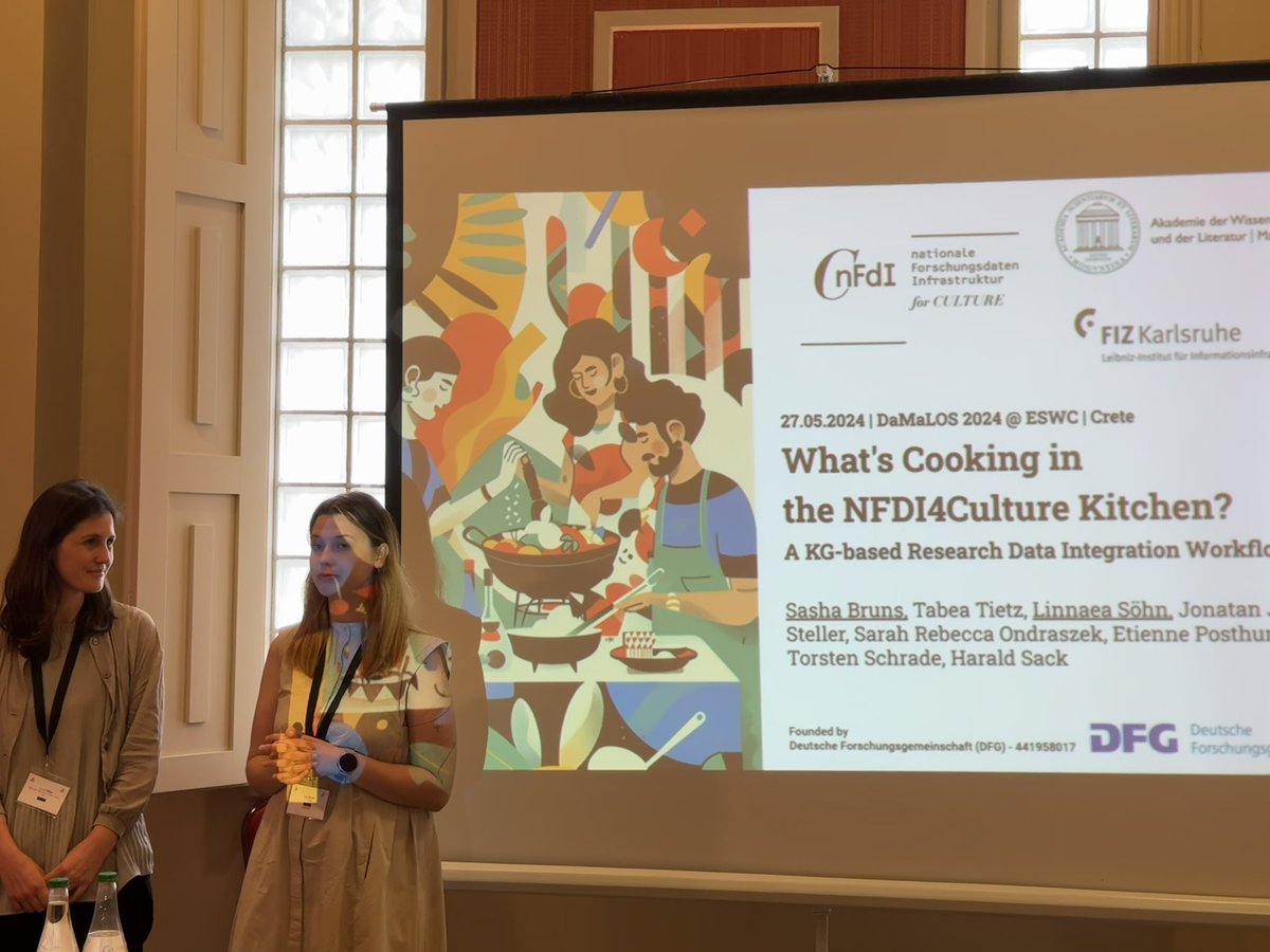 Sasha Bruns (@sashavses) on Twitter photo Was happy to present our efforts and successes on NFDI4Culture today #damalos #eswc2024 interested in joining our „cooking“ session?:) <a href="/FIZKarlsruhe/">FIZ Karlsruhe</a> <a href="/fiziseka/">Information Service Engineering Group (FIZ-ISE)</a> <a href="/Tabea_T/">Tabea Tietz</a>
Slides: zenodo.org/records/113116…
Paper: zenodo.org/records/112445… Was happy to present our efforts and successes on NFDI4Culture today #damalos #eswc2024 interested in joining our „cooking“ session?:) <a href="/FIZKarlsruhe/">FIZ Karlsruhe</a> <a href="/fiziseka/">Information Service Engineering Group (FIZ-ISE)</a> <a href="/Tabea_T/">Tabea Tietz</a>
Slides: zenodo.org/records/113116…
Paper: zenodo.org/records/112445…