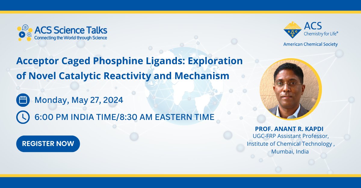 The Clock is ticking! 🕒 Tomorrow's #ACSScienceTalks event with @ICTMumbai1933's Anant R. Kapdi will showcase the catalytic reactivity and and reaction mechanism of the acceptor caged phosphine ligand. See you at 6PM IST. Register at brnw.ch/21wK95h. #ACSInternational