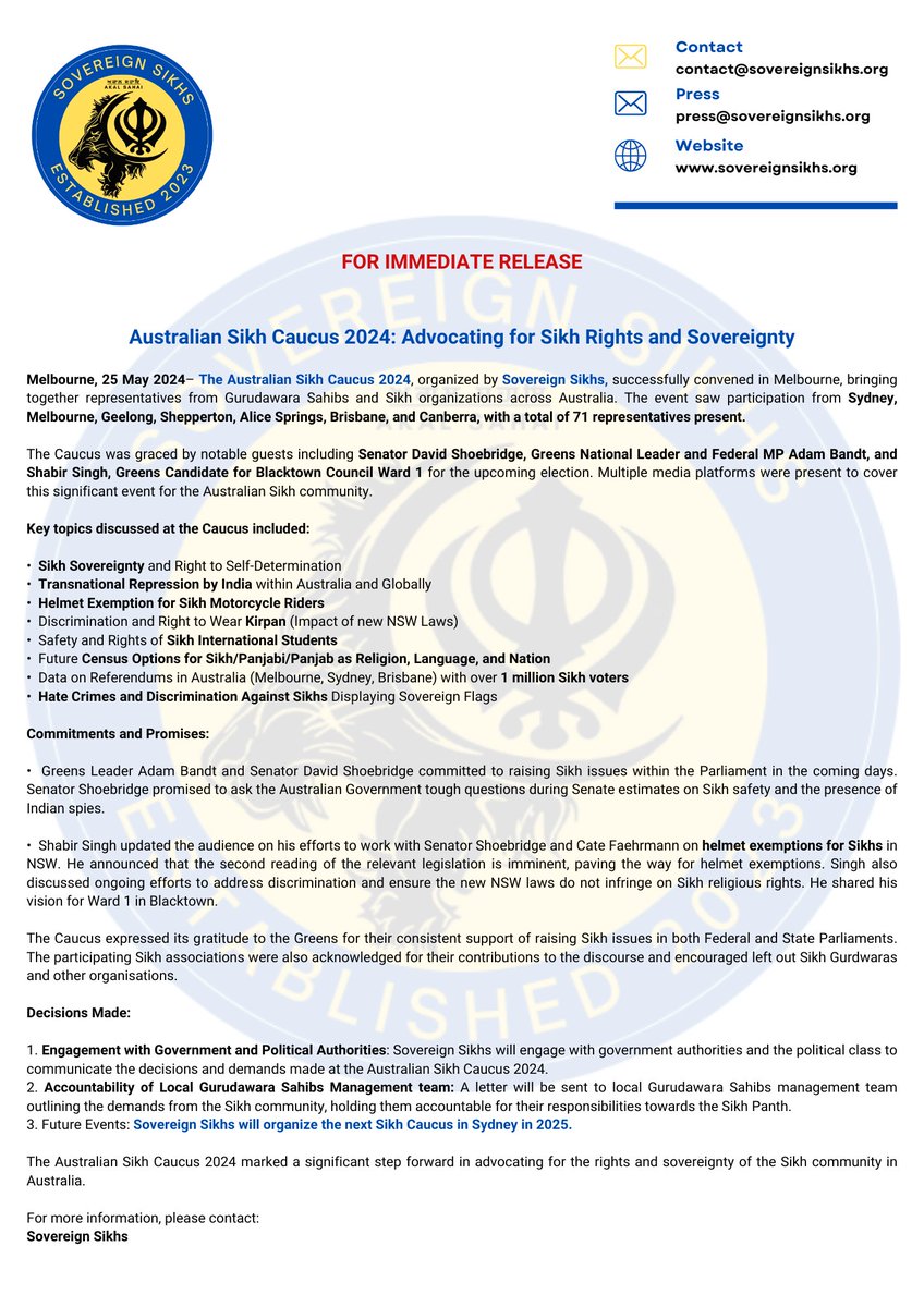 SSSORGAU's tweet photo. #pressrelease #sikhs #australia #melbourne #sydney #canberra #alicespring #perth @DavidShoebridge @AdamBandt @Greens @GreensBlacktown @abcnews https://t.co/GvWuIJU3I5