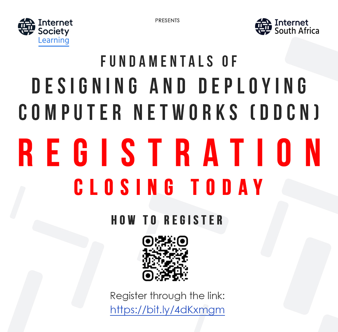 youthexpoza's tweet photo. Closing day for REGISTRATIONS!

Join the Fundamentals Of Designing And Deploying Computer Networks session hosted by @InternetSA92

Step 1: Join ISA  - https://t.co/yREuhve99g

Step 2: Register - https://t.co/6yk0rMJhuU

Visit - https://t.co/icRsQDou2O

#youthexpo2024 #ISOCZA https://t.co/vuzvYsQQKO