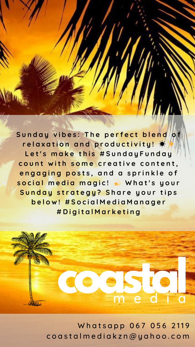 Sunday vibes: The perfect blend of relaxation and productivity! ☀️

✨ Let's make this #SundayFunday count with some creative content, engaging posts, and a sprinkle of social media magic! 💫 

What's your Sunday strategy? Share your tips below! 

#SocialMediaManager