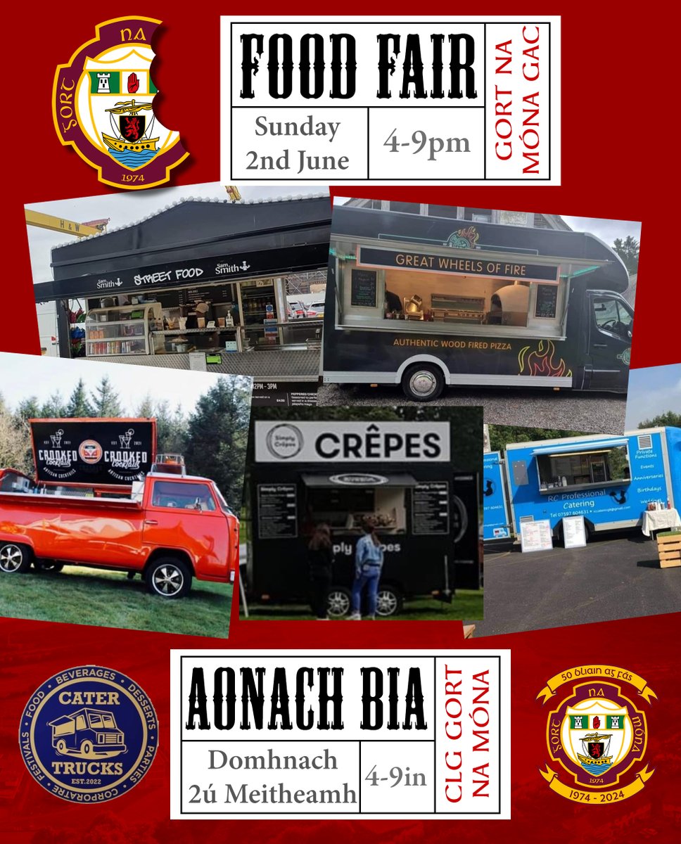 GortnaMonaCLG's tweet photo. Gort na Móna is hosting a food fair next Sunday, 2nd June, 4-9pm in association with Cater Trucks. There will be six trucks offering various hot and cold foods as well as cocktails. There will also be live music in the club with Conor McCaffrey and guests. https://t.co/ljYbPBnvy9
