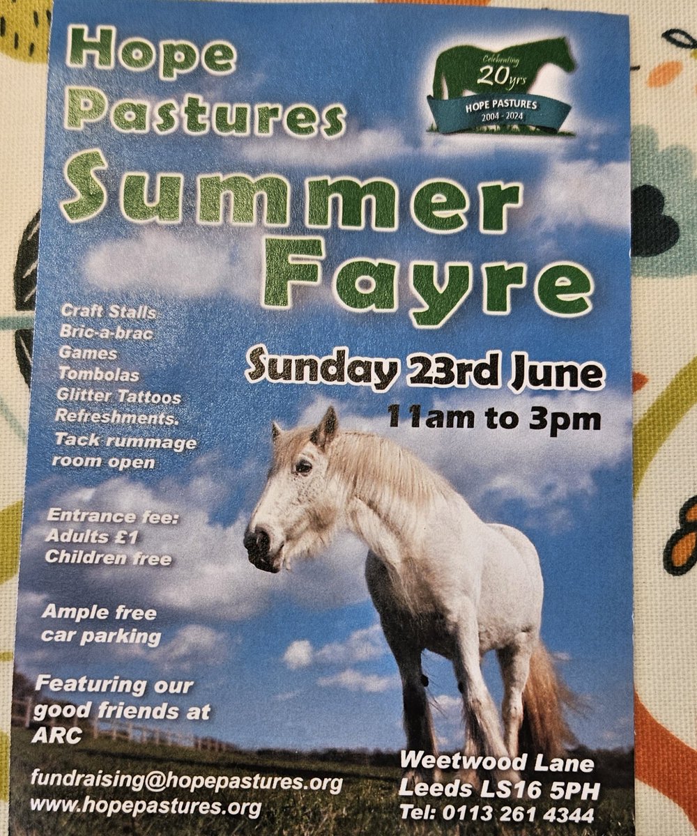 🌸🐴Hope Pastures Sumner Fayre is on Sunday 23rd June 11am to 3pm. Admission £1 for adults free for children. 
Leeds LS16 5PH please join us to help raise funds so we can help more horses ponies and donkeys 🫏
#Hopepastures #Leeds #Horsesanctuary #rescuedonkeys